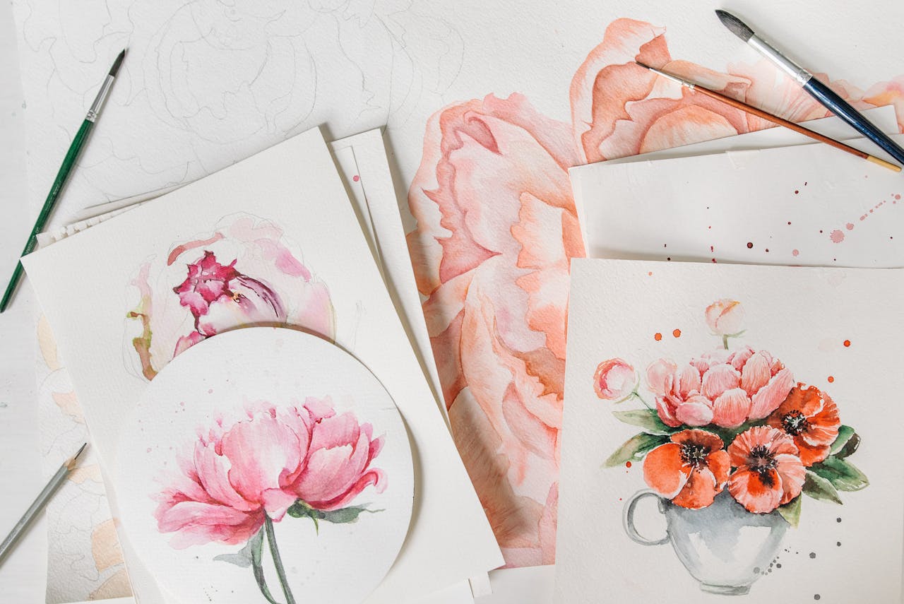 home-img Creative watercolor flower paintings and sketches showcasing beautiful floral art on paper.